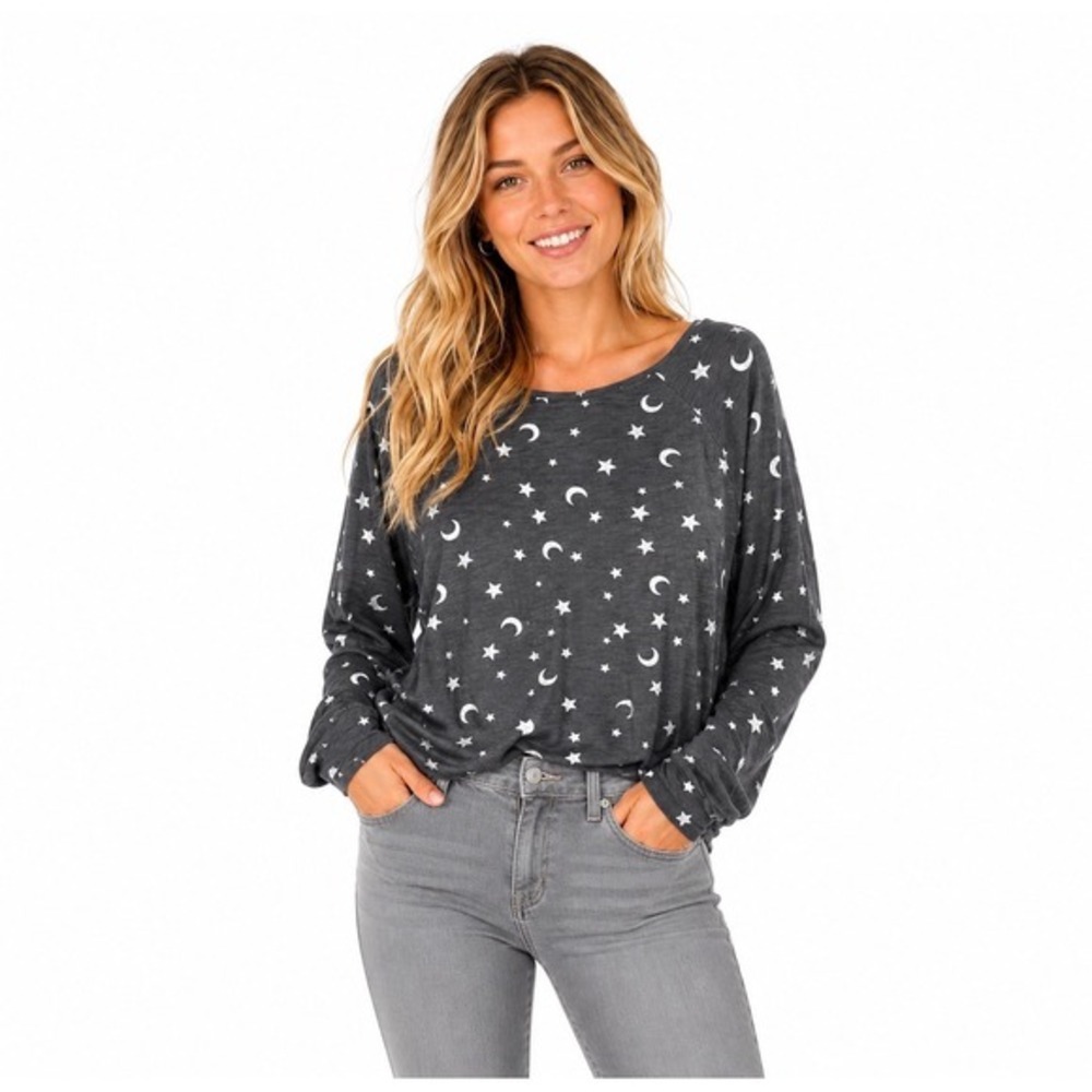 LOFT Celestial Moon Star Print Cotton Long Sleeve Tee Gray Silver Foil 86-28